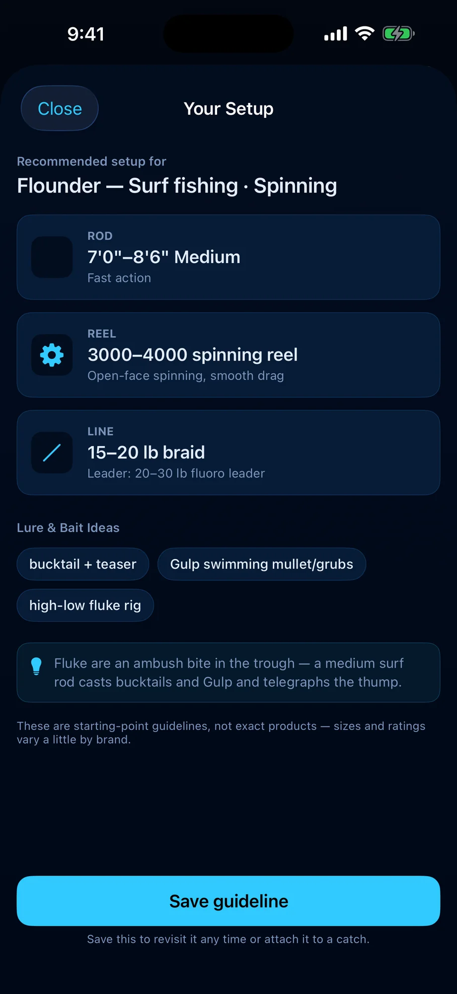 The CatchVault Intelligent Gear Engine's recommended flounder surf-fishing setup — rod, reel, line, and lure ideas
